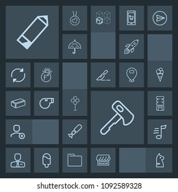 Modern, simple, dark vector icon set with curtain, web, account, cooler, shop, fan, nuclear, pen, tune, sound, tool, axe, air, music, shuttle, people, hammer, pencil, employee, container, game icons