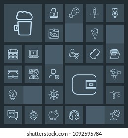 Modern, simple, dark vector icon set with lamp, screen, camera, audio, beer, bar, headset, home, communication, safety, film, energy, video, sos, vase, technology, sound, bulb, pub, danger, jug icons