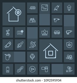Modern, simple, dark vector icon set with karaoke, dollar, space, cocktail, room, summer, people, machine, dish, antenna, worker, hand, retro, video, drink, voice, apartment, house, tripod, song icons