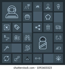 Modern, simple, dark vector icon set with wizard, wand, cook, wheel, dirt, arrow, spice, display, reload, dish, salt, spacesuit, science, workout, food, communication, extreme, astronaut, screen icons