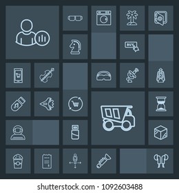 Modern, simple, dark vector icon set with shop, dump, cup, sound, technology, spacesuit, social, clock, audio, template, sand, space, button, buy, packaging, cafe, sign, bugle, vehicle, tipper icons