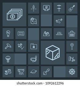 Modern, simple, dark vector icon set with parachuting, ventilator, vintage, box, helm, car, template, door, salon, extreme, package, mask, jump, cash, product, money, hair, summer, water, lock icons