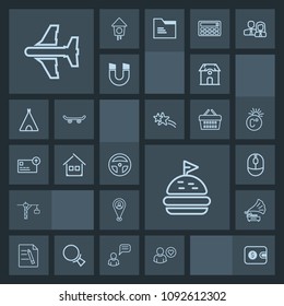 Modern, simple, dark vector icon set with office, laboratory, architecture, finance, pin, device, wallet, estate, medicine, music, aircraft, file, cash, saw, home, food, construction, plane, map icons