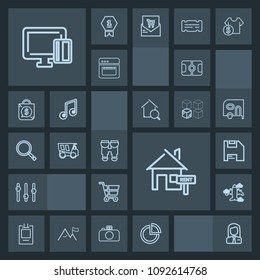 Modern, simple, dark vector icon set with employer, pitch, flight, vision, football, equality, home, aircraft, job, property, trolley, rent, estate, dump, tipper, optical, equipment, diskette icons