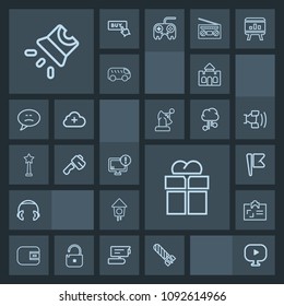 Modern, simple, dark vector icon set with gift, package, america, building, bomb, personal, architecture, id, medieval, explosion, video, sign, fire, business, tower, nation, home, media, cash icons