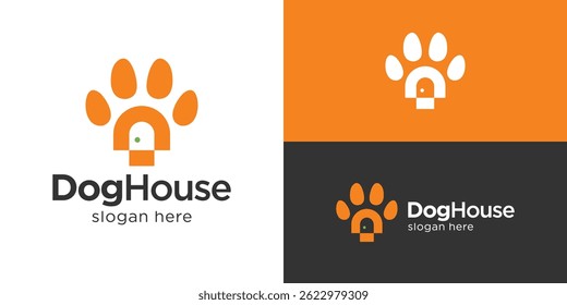 Modern simple dog house logo template. Abstract door and paw logo design vector illustration.