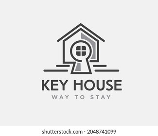 modern simple elegant line art house home key hole real estate logo template illustration