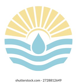 Logotipo moderno, simple y elegante del arte de la línea. Icono de Vector de un sol y una gota de agua en el centro, sobre las olas del océano. Perfecto para la marca.