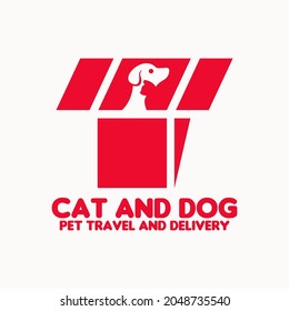 ilustración vectorial icono de la caja del paquete con espacio negativo de perro y gato limpio y fondo sencillo adecuado para el viaje de la mascota del logotipo o la inspiración del servicio de entrega de mascotas