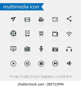 Modern simple flat design multimedia icons with reflection