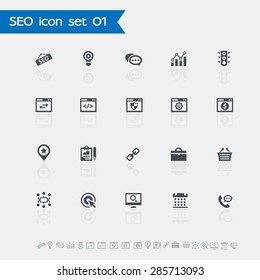 Modern einfache flache Design-SEO-Symbole Set 1 mit Reflexion