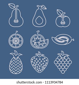 	
Modern simple flat set of fruits vector outline Icons. Contains such Icons as pear, avocado, apple, citrus, watermelon, melon, pine and more white ob blue background. Editable. Pixel Perfect
