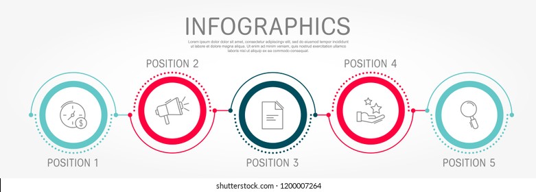 Modern and simple flat vector illustration. Infographic template with five circles, elements, sectors and percentages. Designed for business, presentations, web design, interface 5 step diagrams.