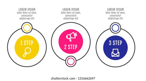 Modern and simple flat vector illustration. Infographic template with three circles, elements, sectors and percentages. Designed for business, presentations, web design, interface 3 step diagrams