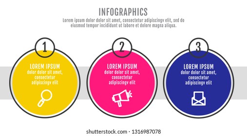 Modern and simple flat vector illustration. Infographic template with three circles, elements, sectors and percentages. Designed for business, presentations, web design, interface 3 step diagrams.