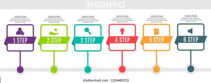 Modern and simple flat vector illustration. Infographic template with six dots, elements, squares, percentages. Designed for business, presentations, web design, interface 5 step diagrams.
