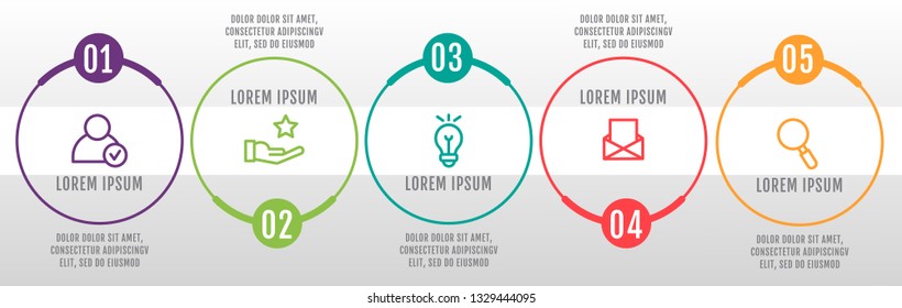 Modern and simple flat vector illustration. Infographic template with five circles, elements, sectors and percentages. Designed for business, presentations, web design, interface 5 step diagrams.