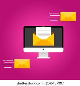 Modern and simple flat vector illustration.Letter icon, a yellow envelope, post with white sheet of paper and text on computer monitor. Image for website, presentation, application, interface.