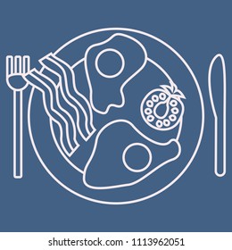 	
Modern Simple flat Vector outline Icons. Contains meal with eggs and bacon  and more white on blue background. Editable. Pixel Perfect