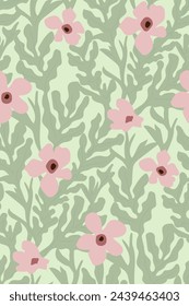 Modern simple floral frabric. Vector florals seamless pattern with spring flowers and leaves on green background.