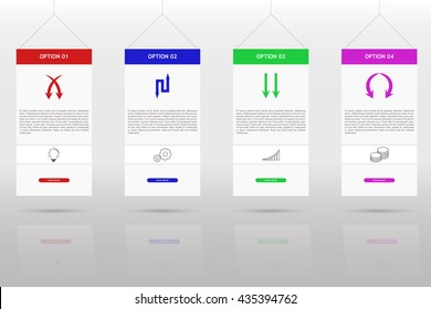 Modern and simple four steps timeline. Four steps infographics with arrow set, outline icons on grey gradient background with shadow and reflection. Bulb, gear, graph and coin icons.
