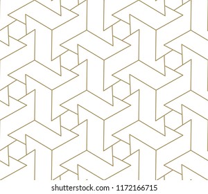 Modern simple geometric vector seamless pattern with gold line texture on white background. Light abstract wallpaper, bright tile backdrop.