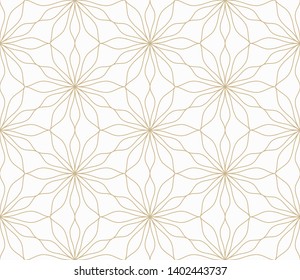 Modern simple geometric vector seamless pattern with gold flowers, line texture on white background. Light abstract floral wallpaper, bright tile ornament.