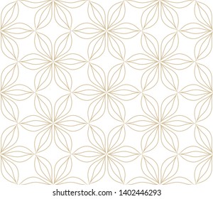 Modern simple geometric vector seamless pattern with gold flowers, line texture on white background. Light abstract floral wallpaper, bright tile ornament.