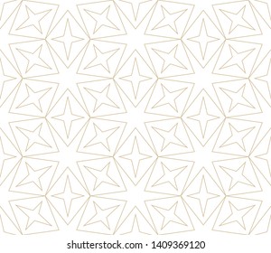 Modern simple geometric vector seamless pattern with gold flowers, line texture on white background. Light abstract floral wallpaper, bright tile ornament.
