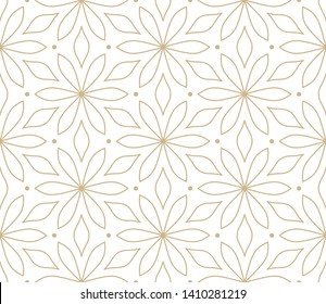 Modern simple geometric vector seamless pattern with gold flowers, line texture on white background. Light abstract floral wallpaper, bright tile ornament.