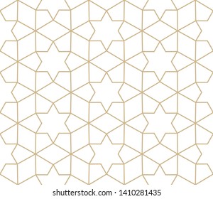 Modern simple geometric vector seamless pattern with gold flowers, line texture on white background. Light abstract floral wallpaper, bright tile ornament.