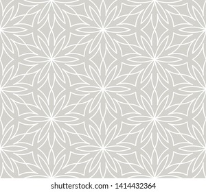 Modern simple geometric vector seamless pattern with white flowers, line texture on grey background. Light gray abstract floral wallpaper, bright tile ornament.