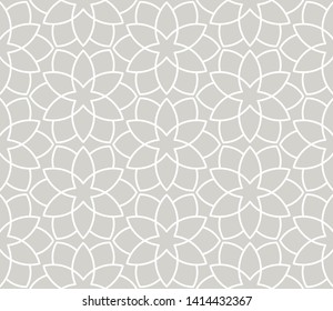 Modern simple geometric vector seamless pattern with white flowers, line texture on grey background. Light gray abstract floral wallpaper, bright tile ornament.