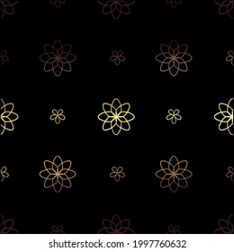 Modern simple geometric vector seamless pattern with gold flowers, line texture on black background. Good for certain, textile, greeting card, background.