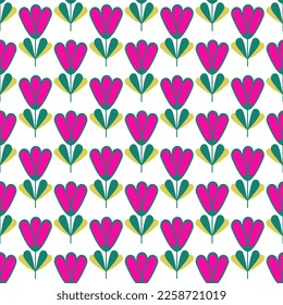 Modern simple geometric vector seamless pattern with colorful flowers, line texture on white background. Light abstract floral wallpaper, bright tile ornament.