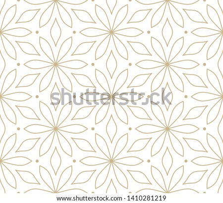 Modern simple geometric vector seamless pattern with gold flowers, line texture on white background. Light abstract floral wallpaper, bright tile ornament.