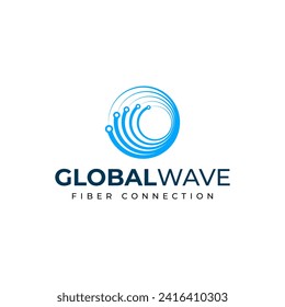 Modern Simple Global Wave Fiber Connection Logo Design for Communication Company