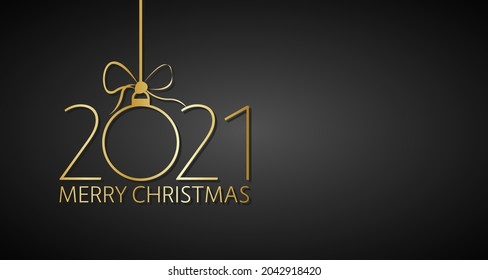 Modern simple golden christmas background with christmas ball. Holiday greeting card with merry christmas sign