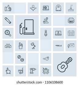 Modern, simple, grey vector icon set with hobby, petrol, navigation, mask, finger, internet, road, equipment, oil, success, night, business, ball, man, work, drill, machine, go, button, guitar icons