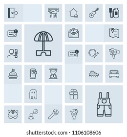 Modern, simple, grey vector icon set with summer, business, ghost, repair, halloween, fly, door, escape, spanner, wing, uniform, wear, present, umbrella, bedroom, furniture, box, fear, sea, work icons