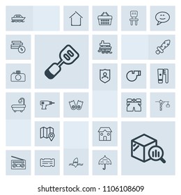 Modern, simple, grey vector icon set with spatula, surfer, vessel, sound, statistic, wear, ship, kitchen, business, white, ticket, location, audio, travel, saw, map, report, shorts, yacht, surf icons