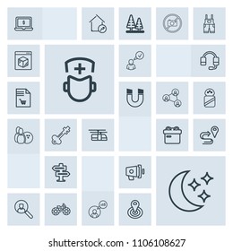 Modern, simple, grey vector icon set with moon, account, doctor, announcement, bike, room, map, computer, ribbon, bicycle, location, box, night, business, technology, transportation, freelance icons