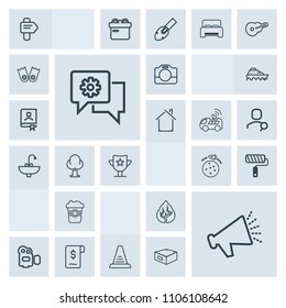 Modern, simple, grey vector icon set with planet, landscape, technology, communication, business, mobile, up, loud, handle, tool, sale, arrow, camera, nature, direction, concept, ladder, drink icons