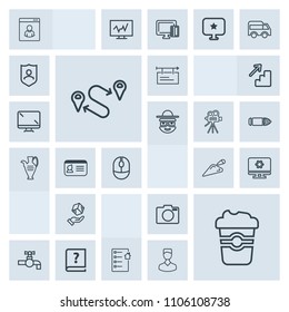 Modern, simple, grey vector icon set with shovel, camera, construction, lens, document, tap, map, sink, book, point, cargo, travel, delivery, photo, internet, banner, setting, old, bathroom, cup icons