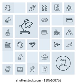 Modern, simple, grey vector icon set with technology, electricity, market, construction, store, lamp, basket, male, building, shop, jewelry, diamond, computer, thermometer, left, message, light icons