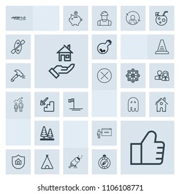 Modern, simple, grey vector icon set with star, rent, protect, technology, equipment, telescope, property, strike, ocean, ball, architecture, fear, house, estate, tent, horror, adventure, tool icons