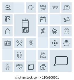 Modern, simple, grey vector icon set with butterfly, wildlife, nature, present, bubble, travel, interior, web, concept, science, technology, location, wing, talk, food, box, ocean, dinner, idea icons