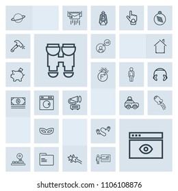 Modern, simple, grey vector icon set with luggage, optical, button, shiny, celebration, rocket, astronomy, file, bag, map, car, mask, arrow, party, browser, holiday, technology, carnival, orbit icons