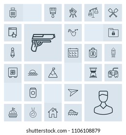 Modern, simple, grey vector icon set with food, tin, lunch, time, clock, musical, send, fashion, web, house, bread, email, metal, airport, sandwich, love, property, profile, pistol, business icons