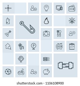 Modern, simple, grey vector icon set with luck, gun, fitness, photo, horizontal, workout, globe, technology, world, gambling, casino, military, global, fishing, risk, fish, car, hook, rod, gym icons